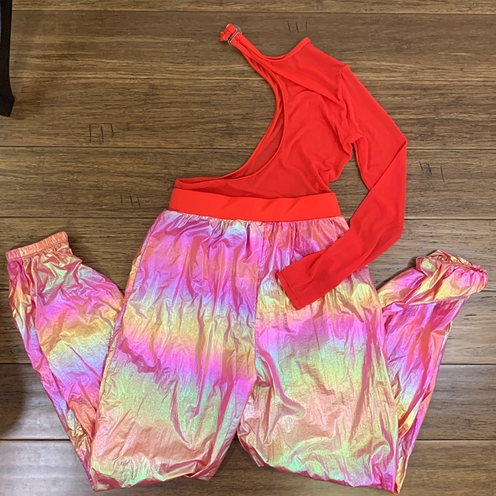 3 Pc Dance Costume Set Adult Small Sequin Top Red Fringe Shorts IridescentPants - Picture 3 of 6
